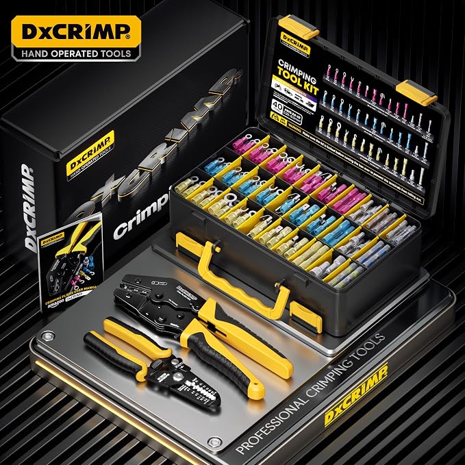 Crimping Tool Kit with Heat Shrink Connectors - 40 Types Heat Shrink & Solder Connector (24-10 AWG) - Waterproof Ring, Fork, Hook, Spade & Bullet Terminals & Wire Stripper for Auto Boat Wiring