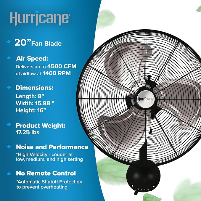 Hurricane Pro High Velocity Oscillating Metal Wall Mount Fan w/ 3 Speeds, Black, 20" - Corded Electric Air Cooling Unit w/ Powerful 4500 CFM Airflow for Home, Garage, Gym, Workshop & Greenhouse