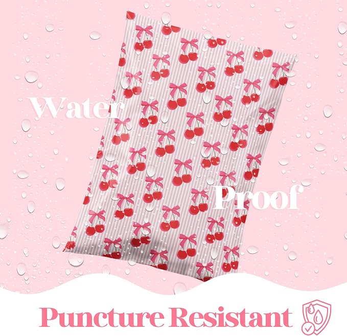 Pretty Package Store 14.5x19 Designer Poly Mailer 100 Pack Heavy Duty Waterproof Self Seal Shipping Bags, Small Business Large Mailing Envelopes Bulk Tear Resistant Packaging Pink Stripe Cherry Fruit