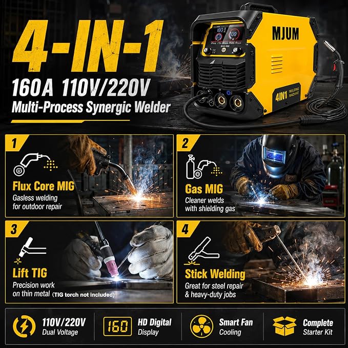 160A 4-in-1 Welding Machine: 110V/220V Dual Voltage MIG Welder with Smart Synergic Control, Flux Core/Gas MIG/Lift TIG/Stick Welder, IGBT Inverter HD Display for Home Repair Auto Fabrication