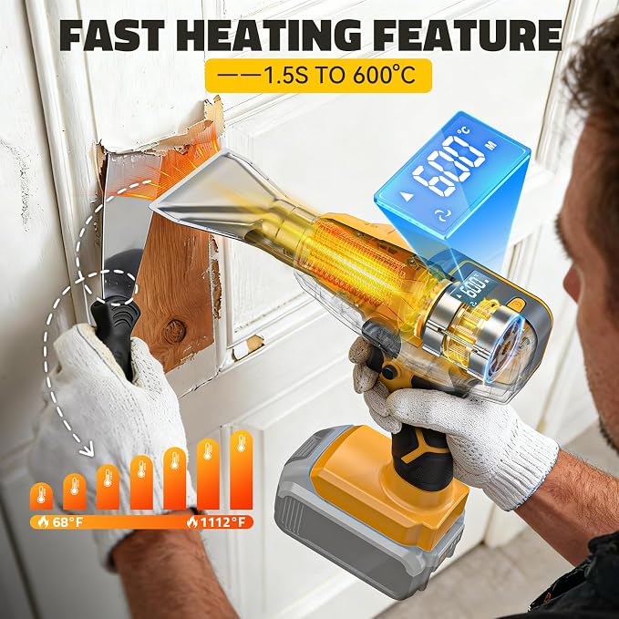 LIVOWALNY Cordless Heat Gun Compatible with Dewalt 20V Battery (Tool Only) 260W High Power Hot Air Gun (68°F-1112°F) & Airflow Control Digital Display for Shrink Wrapping Crafting
