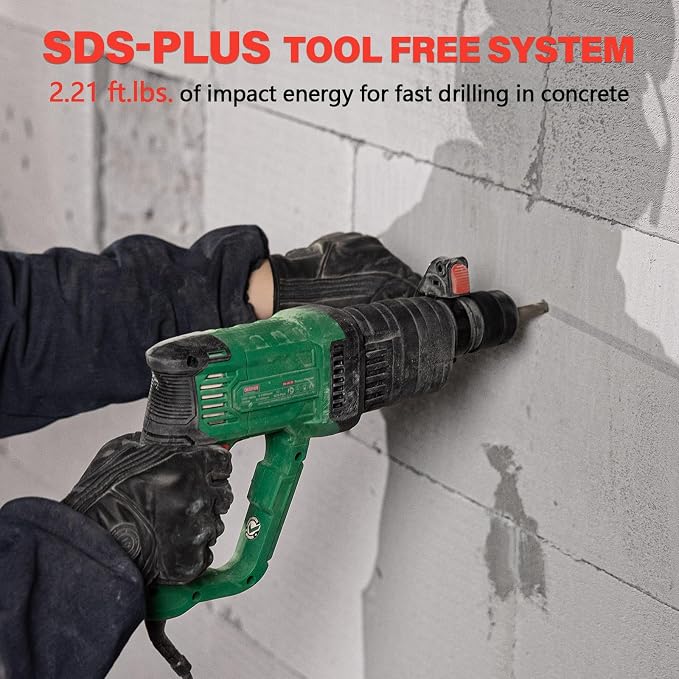 1" SDS-Plus Lightweight Rotary Hammer Drill for Concrete/Masonry | 9 Amp Corded Electric 7.2 Lbs 4 Functions & Reverse Variable Speed Safety Clutch Rotomartillo w/ 3 Drill Bits 2 Chisels Case