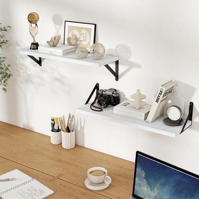 Floating Shelves 8 Inch Deep, 24W x 8D Wall Shelf Set of 2, 50 lbs Heavy Duty Reversible Metal Brackets, Industrial Book Shelf for Living Room Kitchen Bathroom Bedroom Gallery Wall, White