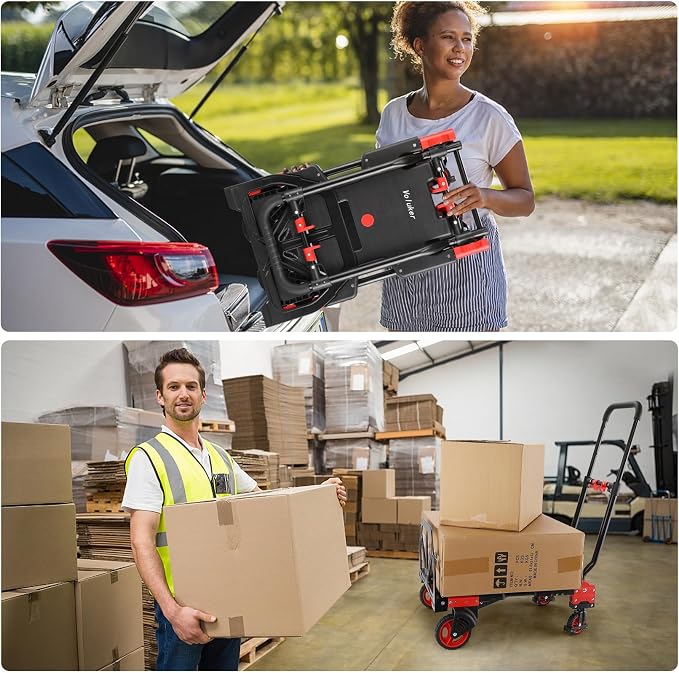 2-in-1Hand Trucks Dolly 330LB Foldable with Folding Basket, Folding Hand Trucks Heavy Duty Carrying, Combination of 4 Wheels and 2 Wheels Convertible Cart with Retractable Handle Dolly for Moving