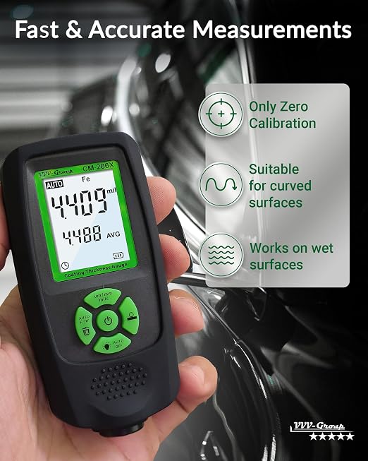 Paint Thickness Gauge – CM-206X Automotive Coating Thickness Meter 0–59.1 mils (0–1500 µm), 0.001 mils Resolution, Fe/NFe/Zn Auto Detection, Ruby Probe