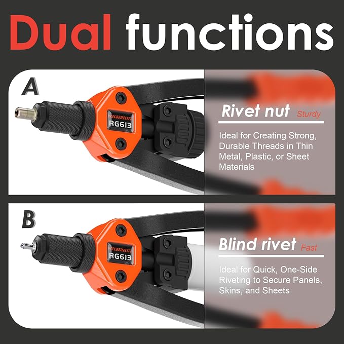 Dual-Function Rivet Nut Tool Rivet Gun Kit Including 405 pcs Rivet Nuts Blind Rivets 15 Mandrels 5 Rivet Nozzles, Multi-Purpose