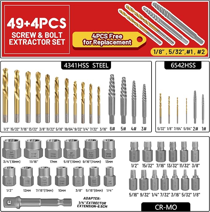 53 Pcs Spiral Screw Extractor Bolt Extractor Set, 6542/4341 HSS Left Hand Drill Bit Set, Easy Out Bolt Extractor Set Multi-Spline Stripped Bolt Remover for Broken Rusted Nuts Bolts Screw