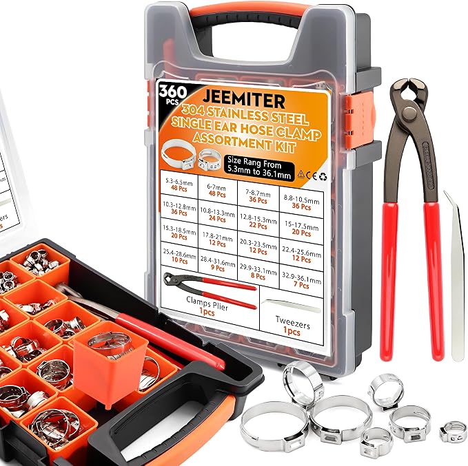 360PCS Single Ear Hose Clamp Kit,16 Sizes 5.3-36.1mm 304 Stainless Steel with Crimping Pliers,Oetiker Style Crimp Clamp for Automotive,Plumbing,HVAC,Marine