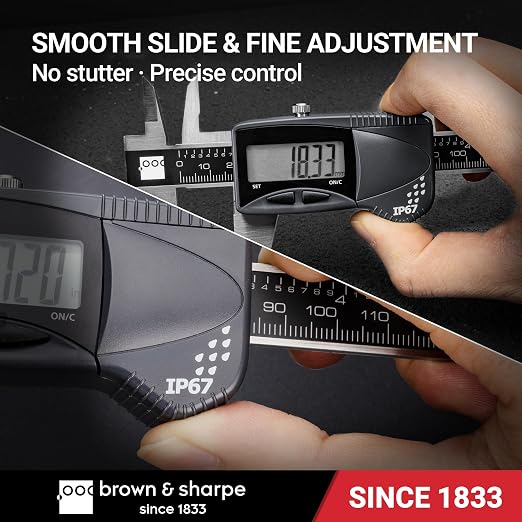 Brown & Sharpe 6" Digital Caliper, IP67 Stainless Steel, Large LCD Display, Locking Screw, ABS/DIFF Measurement, Inch & Millimeter Conversion, High-Contrast Readings