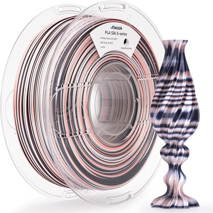 AMOLEN Silk PLA 3D Printer Filament, Shiny Multicolor Rainbow PLA 1.75mm for Creative & Decorative, Fast Color Change Printing Filament for Beginner, Black Pink White, 1kg (2.2lbs)