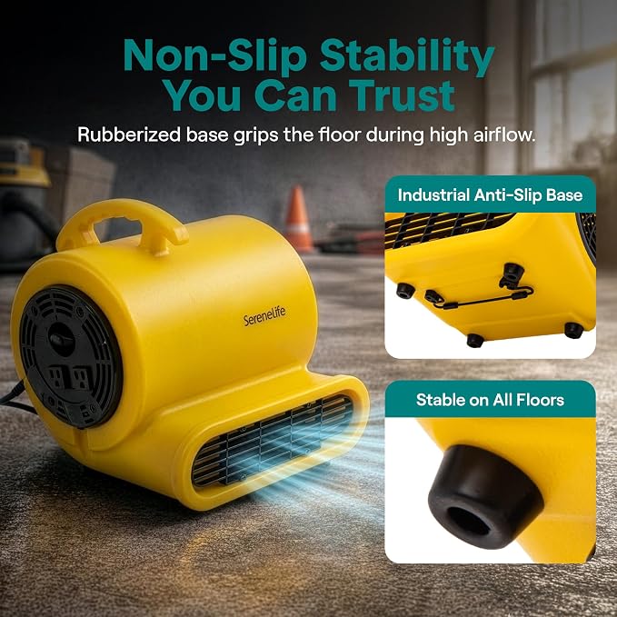 SereneLife Air Mover Blower Fan 1000 CFM – Powerful High Performance 3-Speed Fan for Floor & Carpet Drying, Portable Floor Fan w/Adjustable Tilt, Plug Multiple Units for Home Garage & Restoration Use