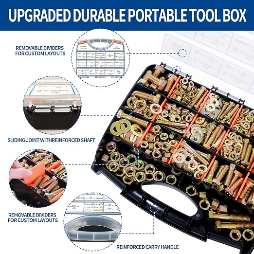 980cs Grade 8 SAE Bolts and Nuts Assortment Kit, 1/4-20, 5/16-18, 3/8-16, 1/2-13 Heavy Duty Hex Bolts and Nuts Kit, Assorted Nuts, Bolts, Flat & Lock Washers, Yellow Zinc Plated, Length from 1/2"-2"