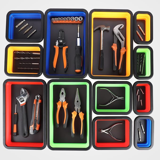 12 Pcs Collapsible Magnetic Parts Tray Set Foldable Tool Storage Organizer Magnetic Tray 3 Different Size Collapsible Bowl for Screw, Bolts, Nuts, Washers, Pins, Tool Gift for Men(Multicolor)