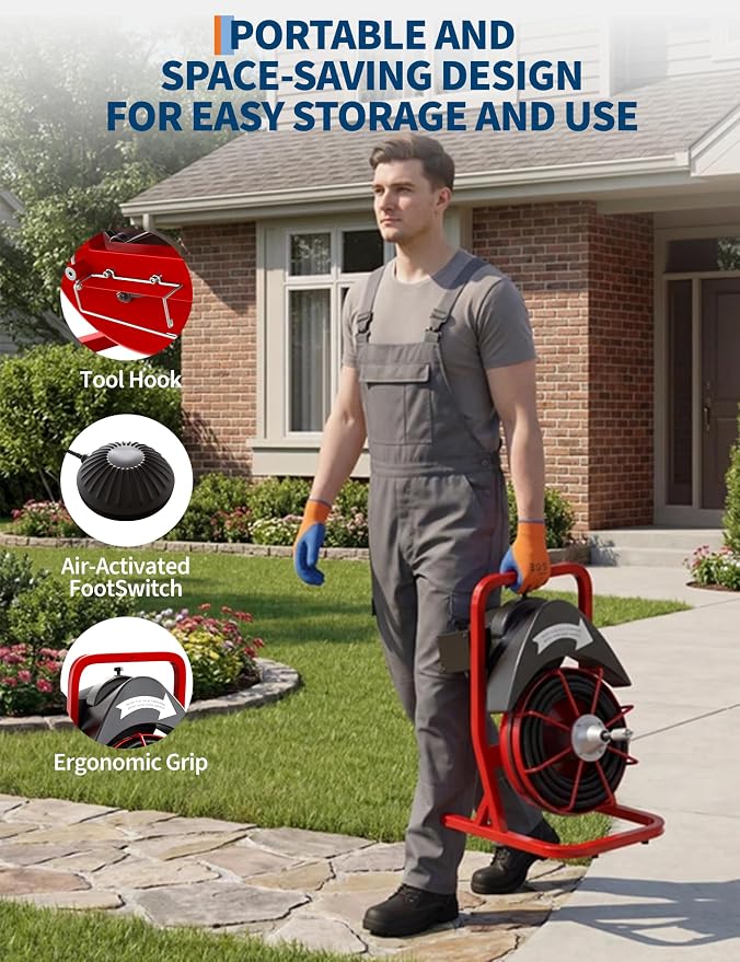 Garvee Drain Cleaner Machine 75FT x 1/2 Inch Steel Core Cable Portable 370W Electric Drain Cleaning Machine With Sewer Auger, Cutter, Air-activated Foot Switch, for Commercial, Home