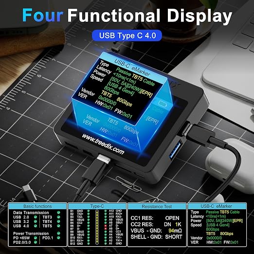 Treedix USB Cable Tester with 2.4" Color Screen for eMarker Reading, PD 3.0/3.1 Detection, Resistor and Continuity Check, Compatible with Lightning, Type-C, Micro-B 2.0/3.0, and Mini-B Cables
