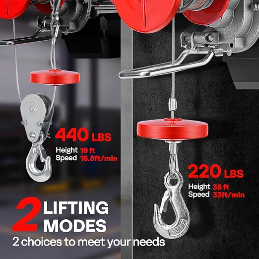 VIVOHOME Electric Hoist, 110V 440 Lbs Winch with Wireless Remote Control, Zinc-Plated Steel Wire Hoist for Garage, Warehouses, Factories 38ft Lifting Height with Emergency Stop Switch ETL Listed