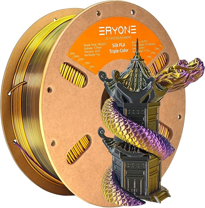 ERYONE Silk Tri Color PLA Filament 3D Printer 1.75mm +/- 0.03mm, Multicolor Filament Tricolor PLA 1KG(2.2lbs) Cardboard Spool, Gold Purple Black