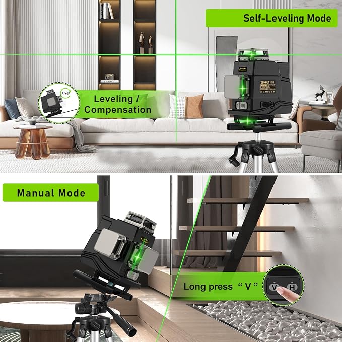 Laser level, Zokoun 360 self-leveling Laser Level 4D 16 lines green Laser Level with horizontal and vertical lines construction picture hanging, with magnetic bracket and 5000mAh lithium-ion battery