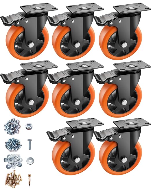 Casters, 5" Caster Wheels，Casters Set of 8 Heavy Duty - ASRINIEY Orange Polyurethane Castors, Top Plate Swivel Wheels, 8-Pack Industrial Casters with Brake, Locking Casters for Furniture and Workbench