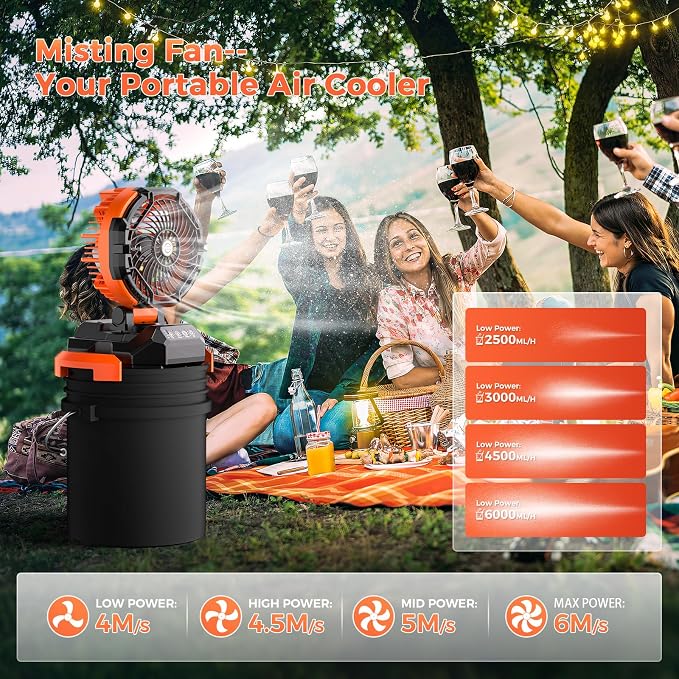 Portable Misting Fan, 30000mAh Rechargeable Battery Powered Floor Cooling Fan with 4 Strong Winds, 4 Spray Mister, Adjustable Base for 10-13in Bucket for Camping, Beach, Patio (No Bucket)- Orange