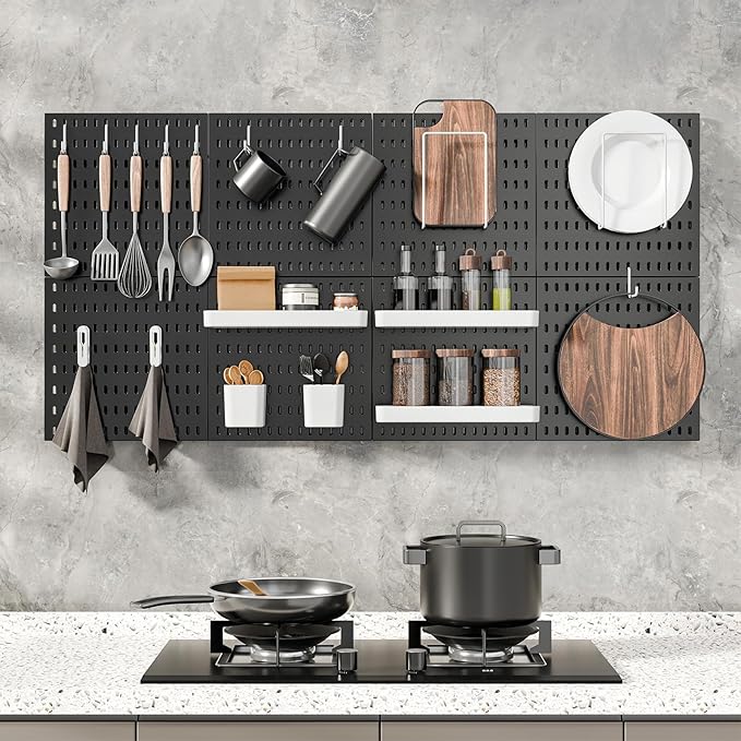 MULSAME Pegboard Combination Kit, Wall Mounted Storage Set with 4 Pegboards & 14 Accessories Hanging, Black Peg Boards Organizer for Walls Display, Crafts Organization, Kitchen Organizer, 22" x 22"