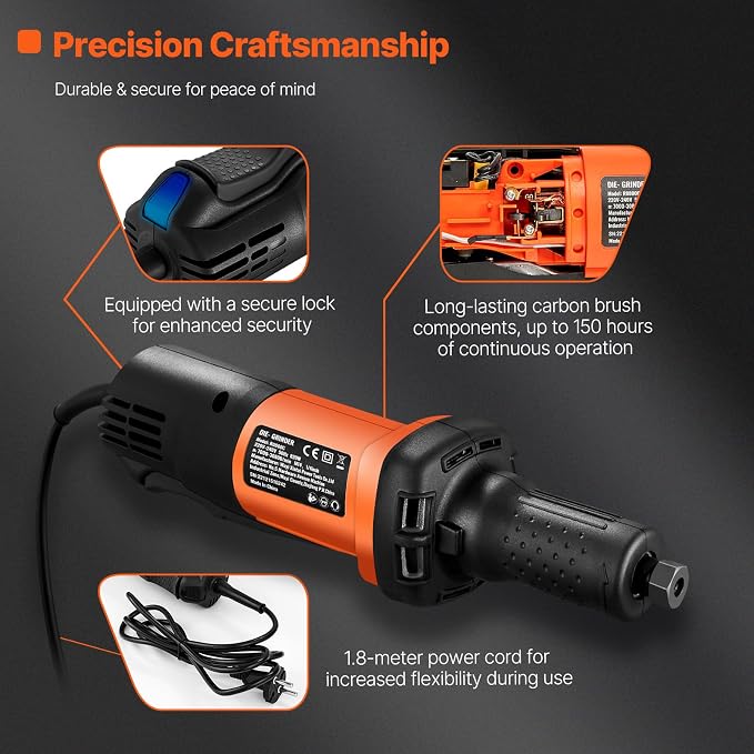 VEVOR Die Grinder, 1/4", Heavy-Duty Electric, Adjustable Speed (10000-28000RPM), Ergonomic Grip for Polishing, Cutting, Rust Removal, Grinding, Welding Repair, with 1/4" & 1/8" Collets