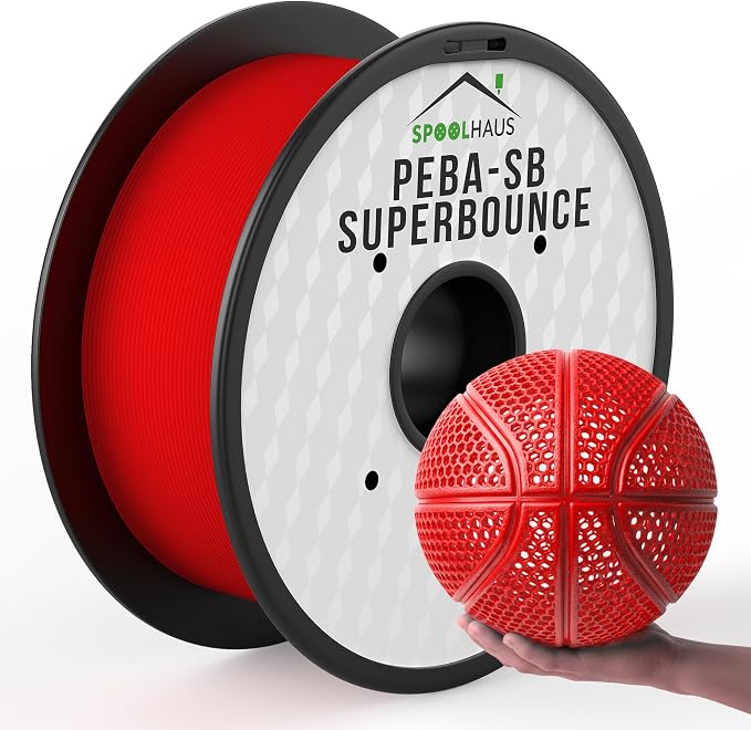 PEBA Filament High Rebound Flexible Filament Super TPU Nylon Based Strength 1.75mm 78% Energy Return Bouncy Airless Basketball Lightweight 3D Printer Filament SpoolHaus Superbounce (Red, 1kg)