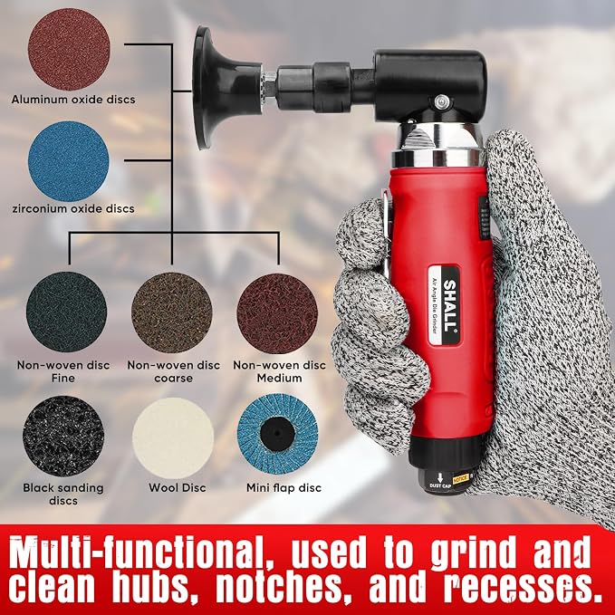 SHALL Right Angle Die Grinder, 90 Degree, 1/4" & 1/8" Collets, 24PCS Sanding Discs, Air Connector, Lubricant and Chuck Key Included, for Grinding, Polishing, Deburring, Engraving and Rust Removal