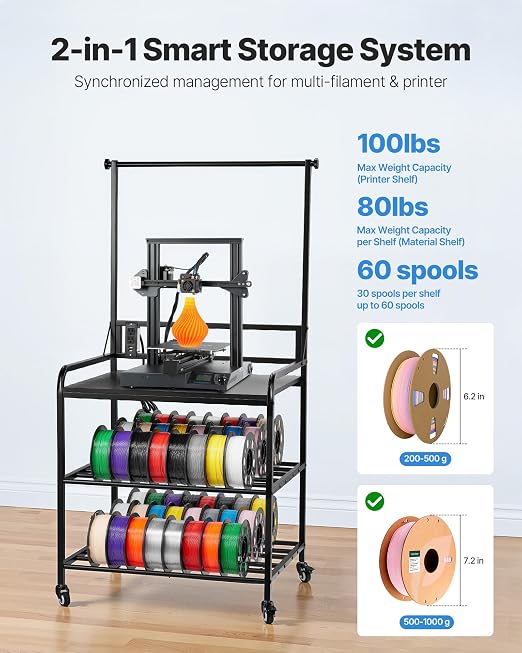 VEVOR 3D Printer Filament Storage Rack with Power Strip, 3-Tier Stand with Filament Storage, Spools Holder Racks Cart with Wheels, Filaments Organzied for 3D Printing Station, Workshop (Shelf Only)
