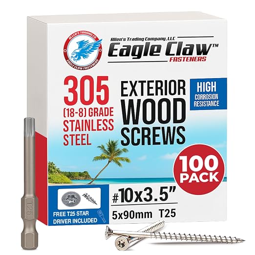 #10 x 3 1/2 Inch Stainless Steel Deck Screws | 305 Grade (100 Pack) | Flat Head T25 Star Torx Drive | Stainless Steel Screws by Eagle Claw Fasteners | Corrosion & Rust Resistant (Includes Driver Bit)