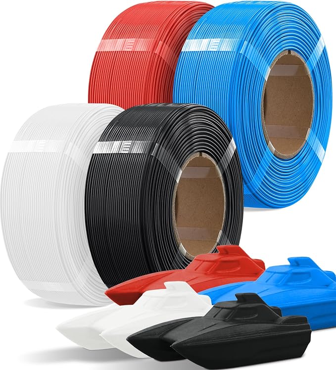 OVERTURE 4KG Bundle Refill PETG 3D Printer Filament 1.75mm, 4 Pack 1kg(2.2lbs), Refilament for Bambu Lab Reusable Spool, Accuracy +/- 0.02 mm(Black+White+Red+Digital Blue)