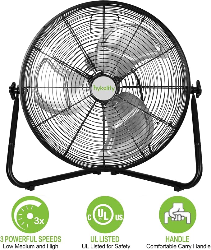 hykolity 20" High Velocity Floor Fan, 3-Speed 4650 CFM Heavy Duty Industrial Metal Shop Fan with Wall-Mounting System, Ideal for Commercial, Garage, Greenhouse and Gym