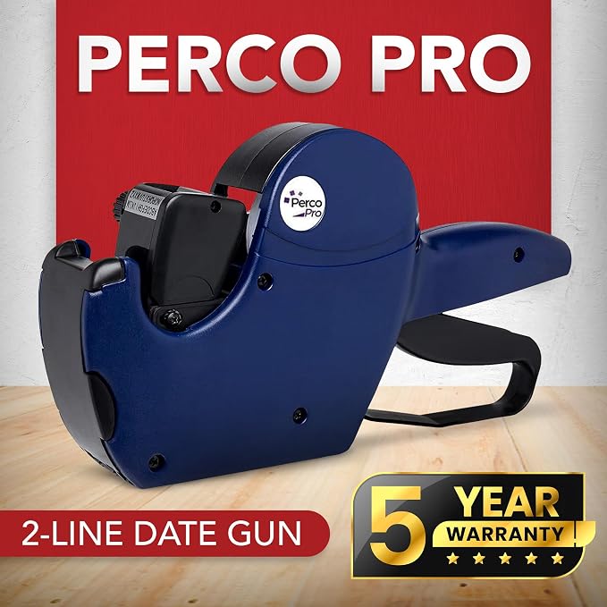 Perco Pro 2 Line Date Gun, Includes 16 Digits Date Gun Labeler, Pre-Loaded Roll of 750 White Labels and Ink Roll