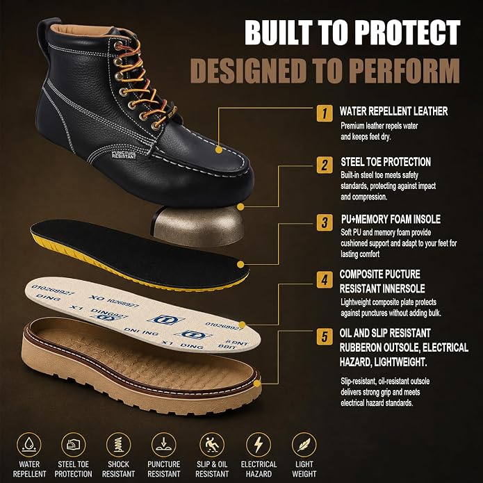 Work Boots for Men, 6" Leather Lightweight Comfort Moc Toe Steel Toe Puncture Resistant Wedge Safety Boots, Goodyear Welt, Industrial, Construction, Electrician, US 7-17