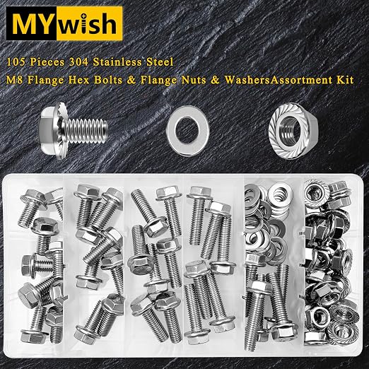 105Pcs M8x1.25 Bolt x 16/20/25/30/35mm Flanged Hex Head M8 Bolt, M8 Screws 304 Stainless Steel Nuts and Bolts Assortment Kit, DIN 6921, Serrated Metric Bolt Assortment by Mywish