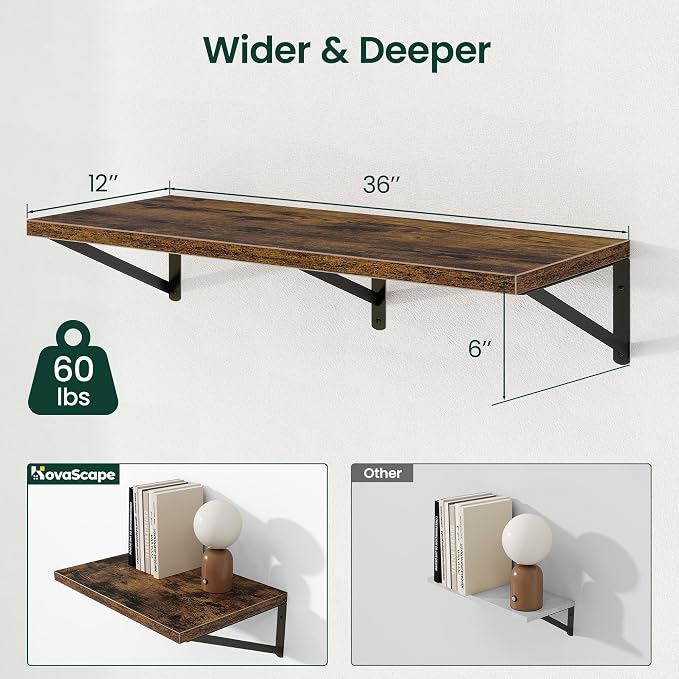 Floating Shelves 12 Inch Deep, 36W x 12D Wall Shelf Set of 2, 60 lbs Heavy Duty Reversible Metal Brackets, Industrial Book Shelf for Living Room Kitchen Bath Bedroom Coffee Bar, Rustic Brown