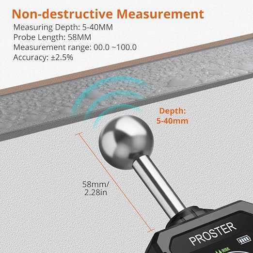 Proster Rechargeable Moisture Meter - Pinless Damp Meter for Walls with 2.4 inch Colour LCD Screen Sound Light Alarm Damp Detector Detects 5-40 mm Depth for Wood Building Cardboard Concrete