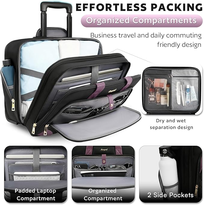 Arcoyard Rolling Laptop Bag, Large Rolling Briefcase for Women with Waterproof Pocket, 17.3 Inch Computer Bag Laptop Case with Wheels, Roller Work Bag for Office Travel Business Teacher, Black Purple