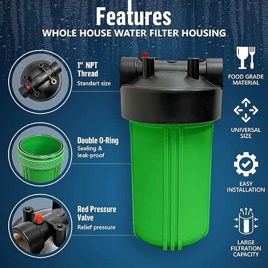 High Capacity 10 x 4.5” Whole House Filter Purifier System for Well or City Water, Presser Relief Button, 1” NPT Brass Port, Double O-Ring, Meets NSF Standards & Regulations (Green, 2 Sets)