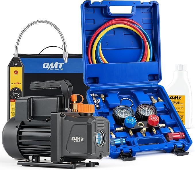 Orion Motor Tech 4 cfm AC Vacuum Pump and Gauge Set, Single-Stage AC Manifold Gauge Set with Vacuum Pump for R454B R1234yf R32 R410a System, Spark-Proof HVAC Vacuum Pump Kit with Overheat Protection