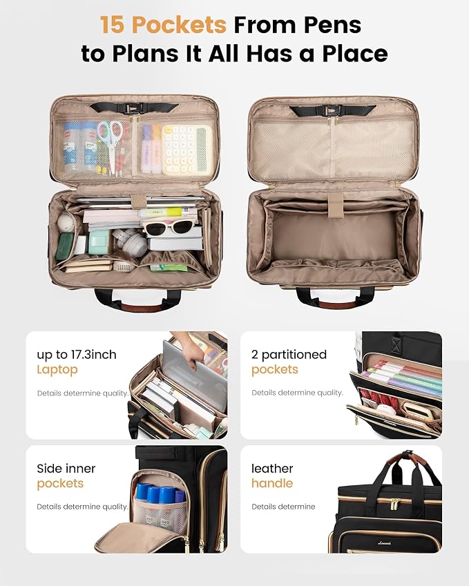 LOVEVOOK Rolling Teacher Bag with Detachable Dolly and Laptop Compartment, Large Rolling Tote Bag fits for 17.3" Laptop for Teacher Office Work Craft Nurse, Quilted-Purple-Black