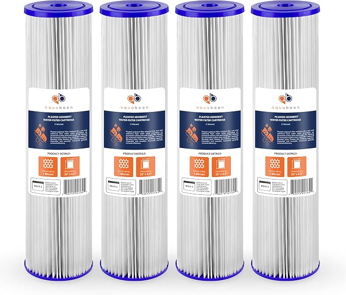 Aquaboon 1 Micron Whole House Pleated Sediment Water Filter Cartridge 20x4.5 Well Filter Replacement Compatible with ECP5-20BB, SPC-45-1005, 4 Pack