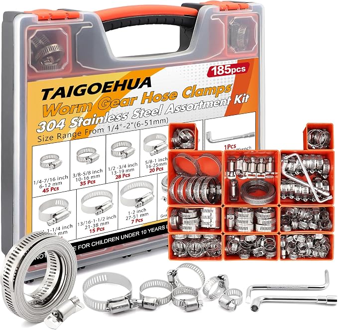185PCS Stainless Steel Hose Clamp Assortment Kit + 10FT Metal Strap, 1/4"-2"(6-51mm) 304 Worm Gear Heavy Duty Clamps, Radiator Clamps for Automotive Fuel Line Plumbing, with 2 Tools & 8 Fasteners