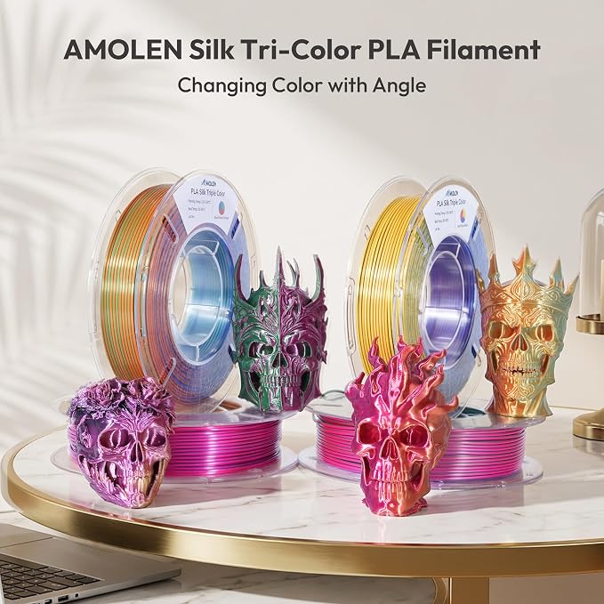 AMOLEN 3D Printer Filament Bundle, Triple Colors Coextrusion Silk PLA Filament 1.75mm +/-0.02mm,Shiny Color Change 3D Printer Filament for Most FDM 3D Printer 200g X 4 Pack