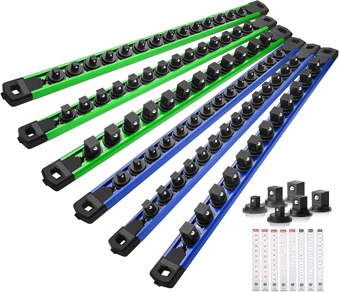 Reniteco Magnetic Socket Organizer Set, 6PC 1/2" 3/8" 1/4" Drive Aluminum Alloy Socket Holder with 80PC 360° Swivel Removable Clips, Magnetic Socket Rail for Tool Box Drawer, Blue&Green