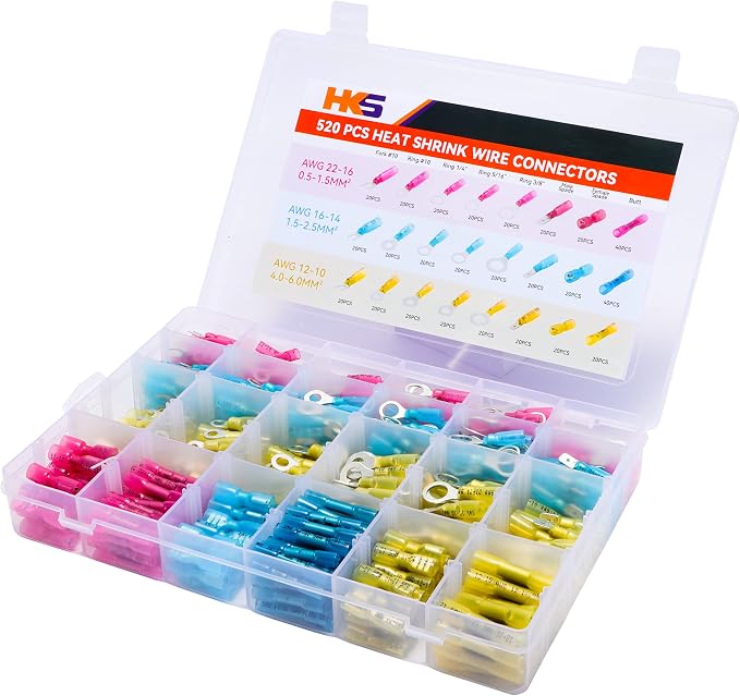 HKS 520PCS Heat Shrink Wire Connectors Kit 12-10 16-14 22-16 AWG - Tinned Red Copper - Ring Fork Spade Butt Splice Terminal (3Colors/21Size) - Marine Automotive Electrical Waterproof Insulated Crimp