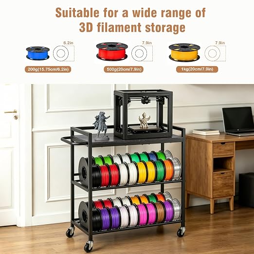 3D Printer Stand with Filament Storage, 3-Tier 3D Printer Desk Table Black | Wood Shelves, Wheels and Foot Pads, Compact Printer Shelf for Small to Medium Printers, Tools, PLA and Resin Storage