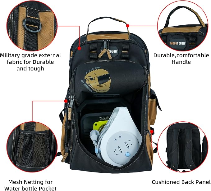 MELOTOUGH Electricians Tool Bag Backpack Welding Helmet Bag Heavy Duty Tool Bag Backpack for Men Tool Organizer Bag for Electrician, Carpenter, Construction,HVAC,Welder（Khkai）