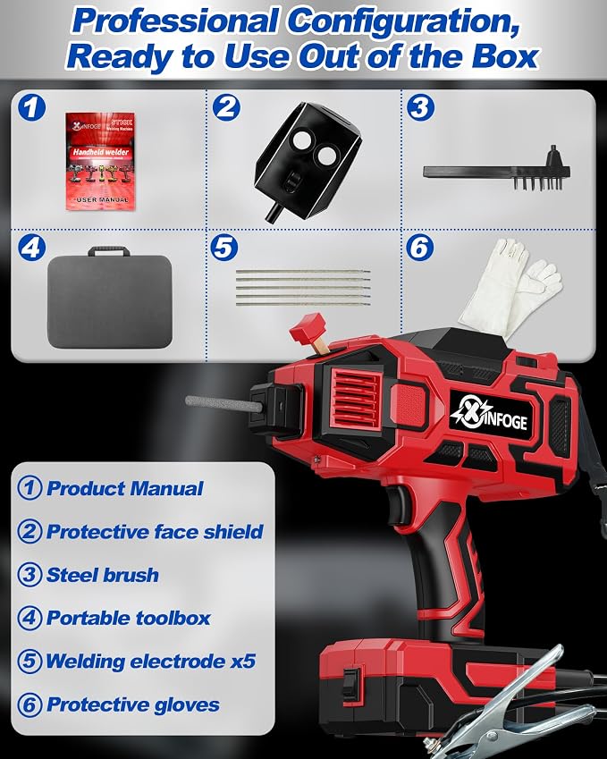 Portable Welding Machine with LCD, 110V Handheld Welder, IGBT Inverter, MMA/HS/ARC Portable Welder Gun, 5 Variable Current Adjustment for 3/32"-1/8" Rods, DIY, Professional Use, Repair (Red Black)