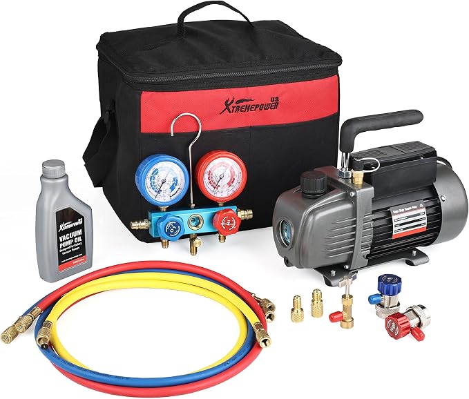 XtremepowerUS 1/3HP 1-Stage Vane Vacuum Pump (4.5 CFM) Manifold Gauge Air Conditioner Refrigeration HVAC Air AC A/C R410a R134 for HVAC Air Conditioning Refrigeration Recharging